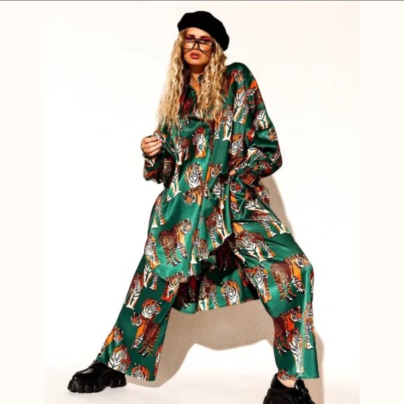 Dressed in LALA Tops - NWT Dressed in Lala Posh Satin Playsuit in Tiger Tales, Size L/XL